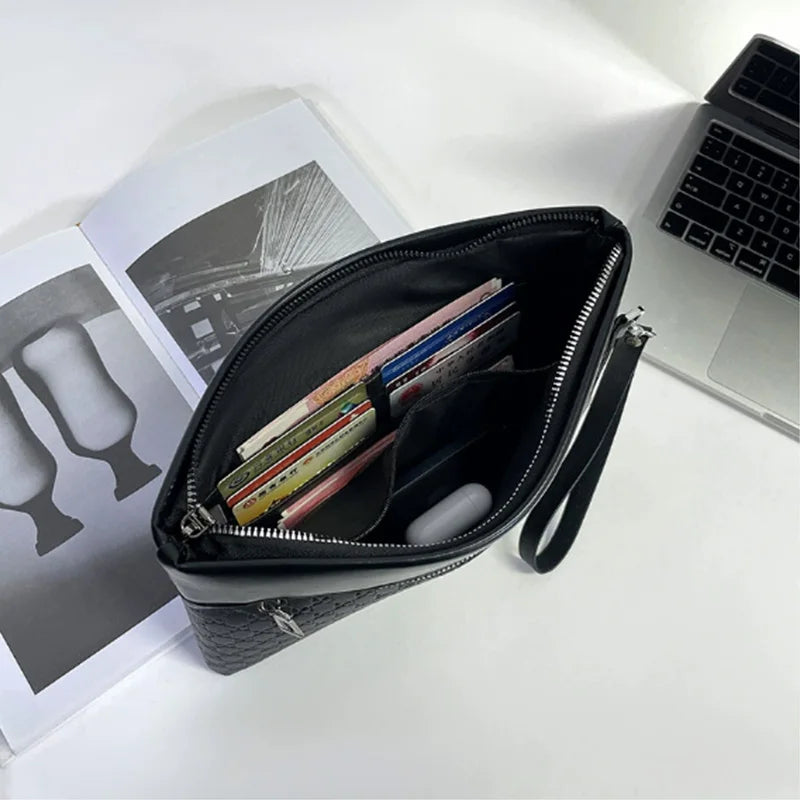 Men's Soft Leather Business Clutch Bag – Minimalist Travel Handbag with Zipper Closure