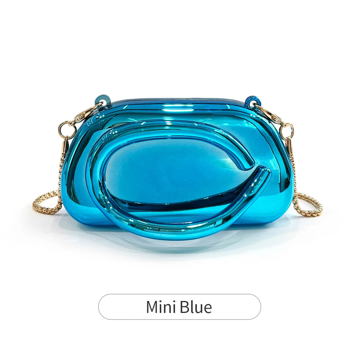 A small, glossy blue metal clutch bag with gold accents.