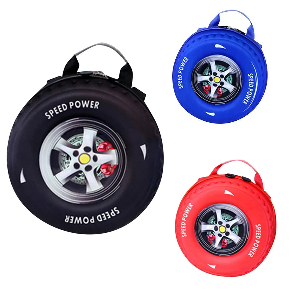 Three versions of a blue, red, and black spinning tire toy for kids