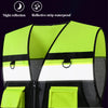 A bright lime green high-visibility safety vest with reflective strips and pockets shown against a dark background.