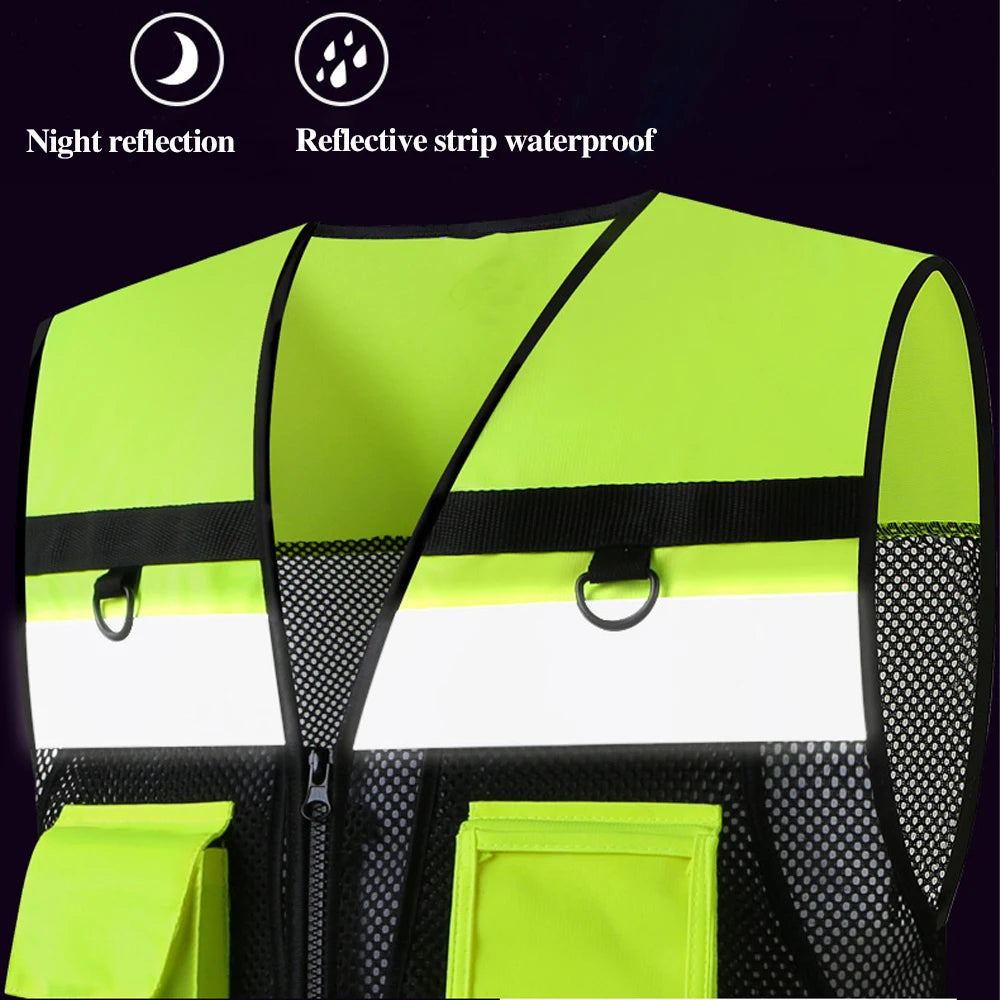 A bright lime green high-visibility safety vest with reflective strips and pockets shown against a dark background.