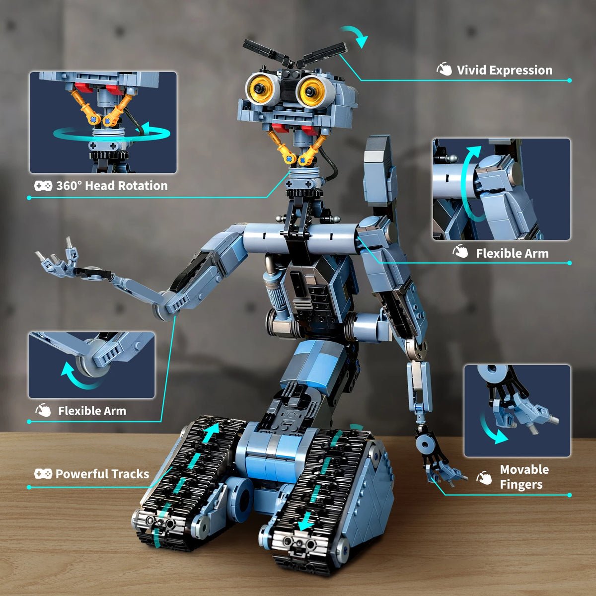 A detailed build of a Johnny 5 robot set featuring flexible arms, 360 degree head rotation, and powerful tracks.