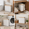 Various storage options for toilet paper including beside the toilet, in a cabinet, next to a washer, and on a shelf.