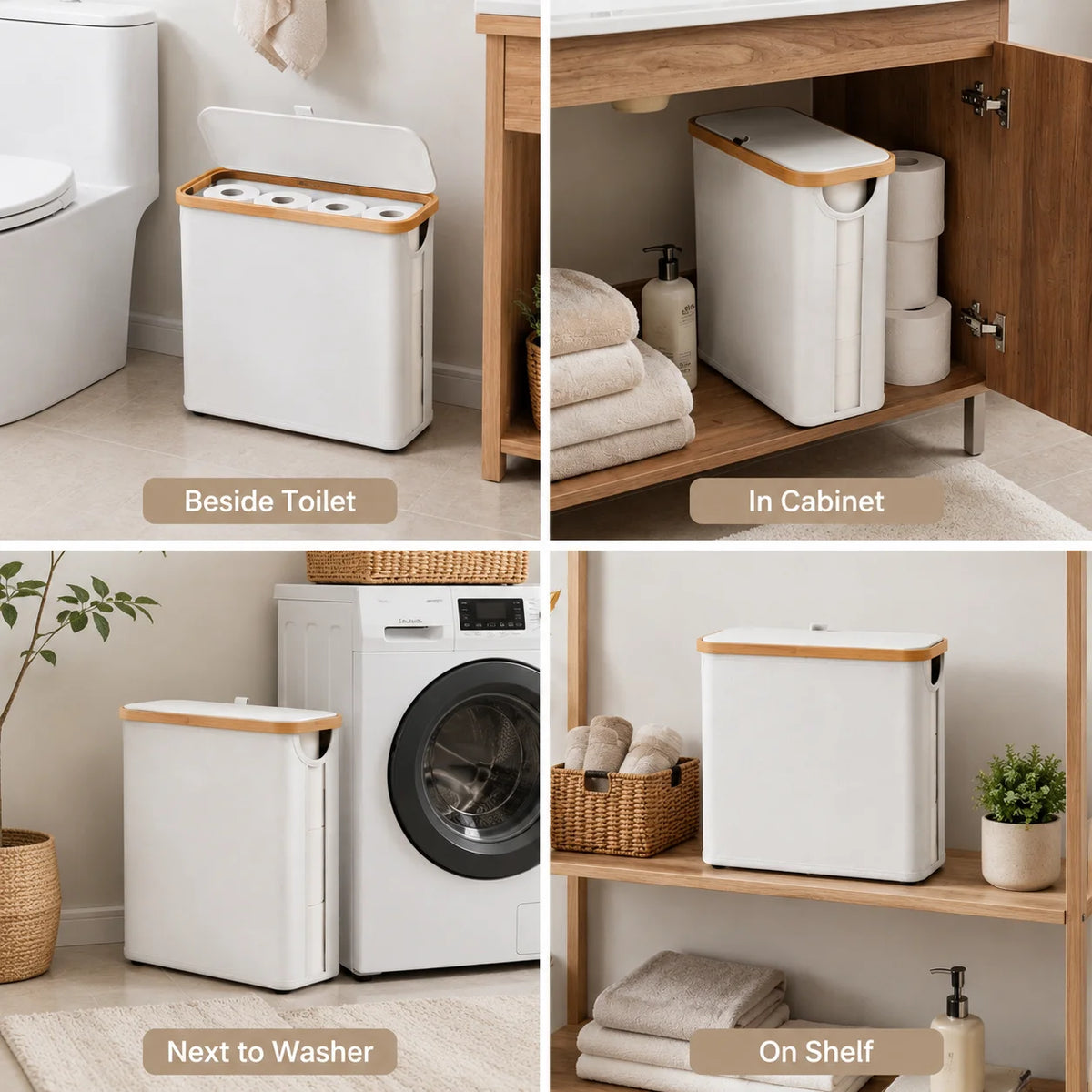Various storage options for toilet paper including beside the toilet, in a cabinet, next to a washer, and on a shelf.