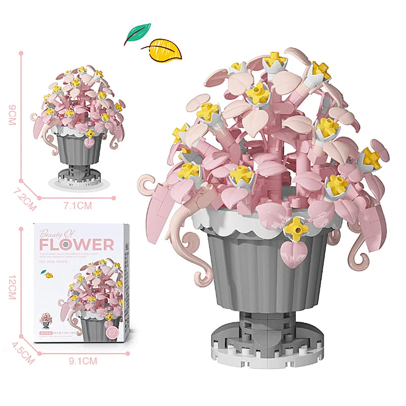 A set of pink and yellow flower building blocks featuring roses, sunflowers, and carnations in a gray pot.