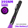 A black UV flashlight with a purple beam and a separate purple light source, designed for ultraviolet detection.