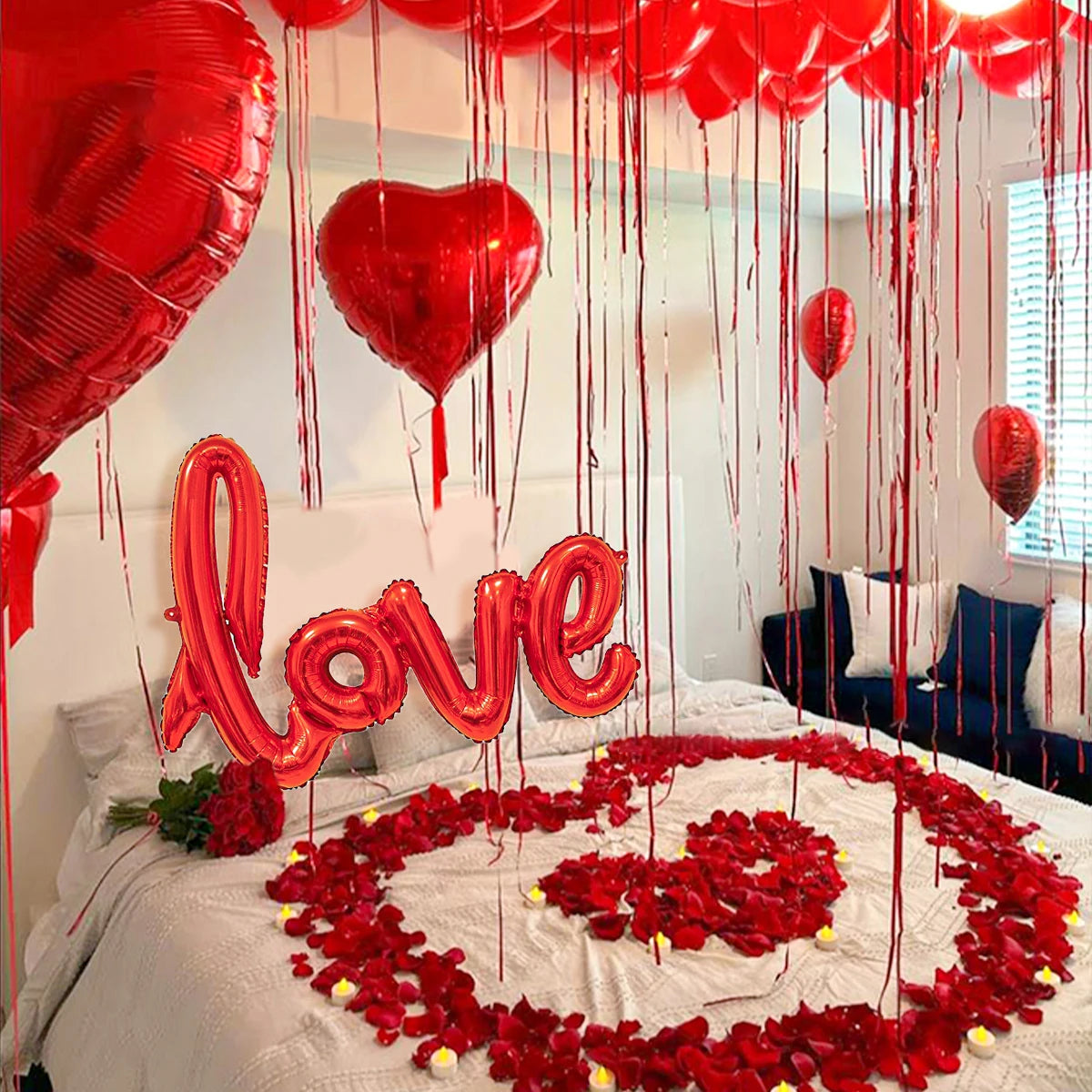 Red Love Letter Balloon Set with Rose Petals for Valentine's Day & Anniversary