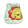 A green and yellow lion-themed wipeable baby bib with a catch-all pocket for weaning toddlers.
