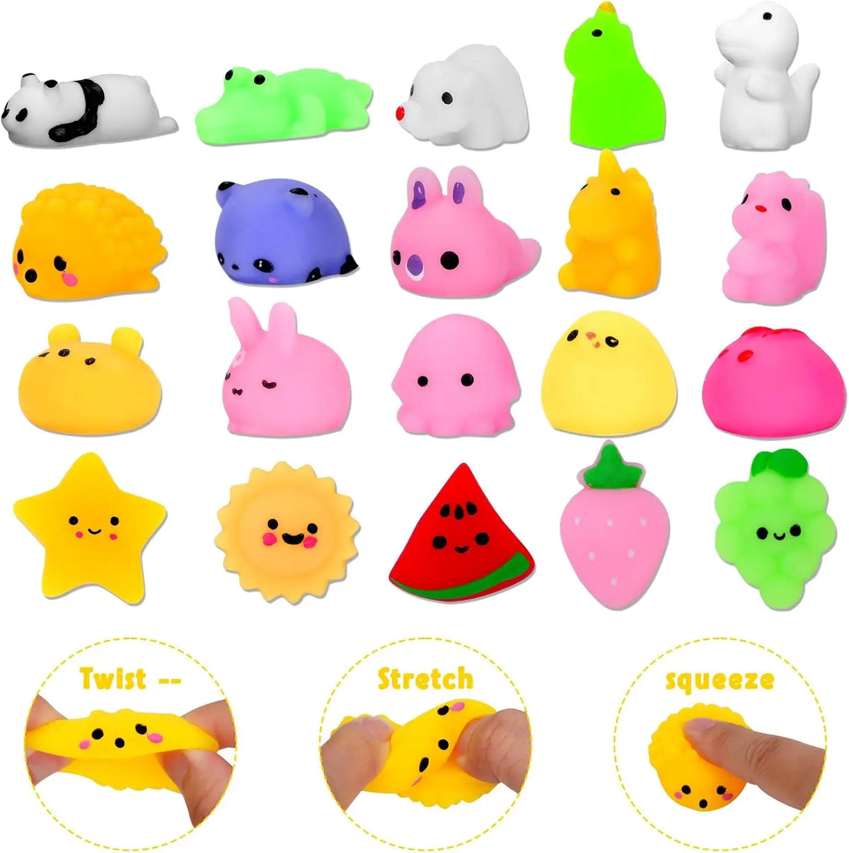 A variety pack of yellow, pink, and green fidget toys for kids showing different textures and squishiness.