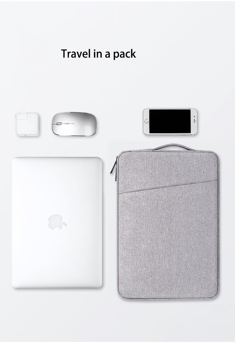 A gray waterproof laptop sleeve with a handle, along with a wireless mouse and a smartphone.