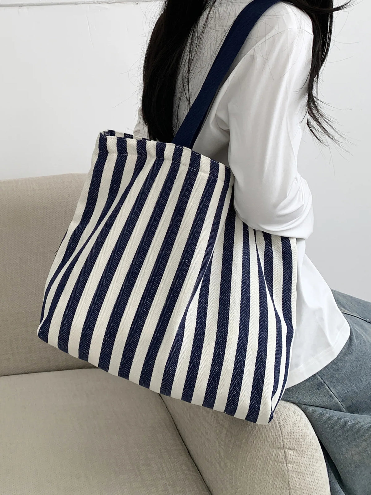 Striped Canvas Shoulder Tote Bag