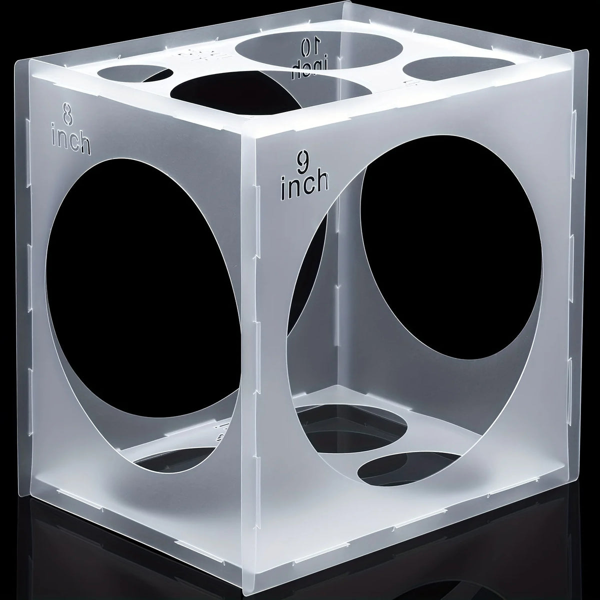 A clear plastic cube with multiple sizing holes marked 8 inch and 9 inch.