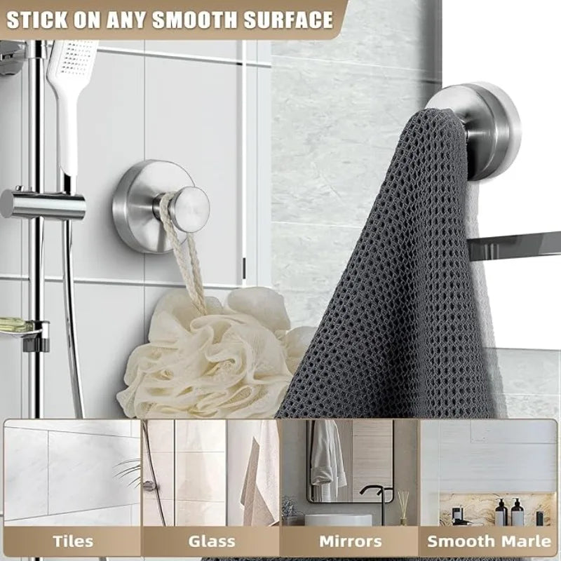 Rustproof stainless steel suction cup hooks for bathroom and kitchen surfaces like tiles, glass, mirrors, and smooth marble.