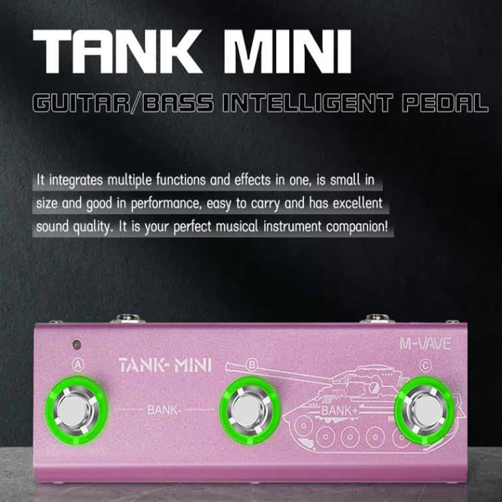 A pink Tank Mini guitar/bass intelligent pedal with three knobs and a stylized graphic on a black background.