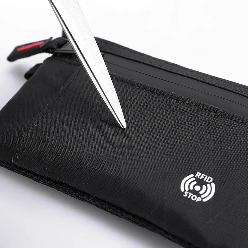Black RFID-blocking travel wallet with a silver clip and an RFID stop symbol.