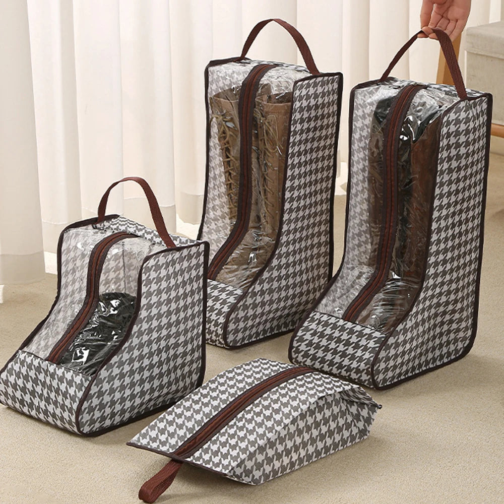 A set of waterproof boot storage bags with handles in a gray and black checkered pattern are displayed on a floor.
