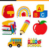 A set of back to school iron-on patches featuring letters A, B, and C, an apple, and a school bus.