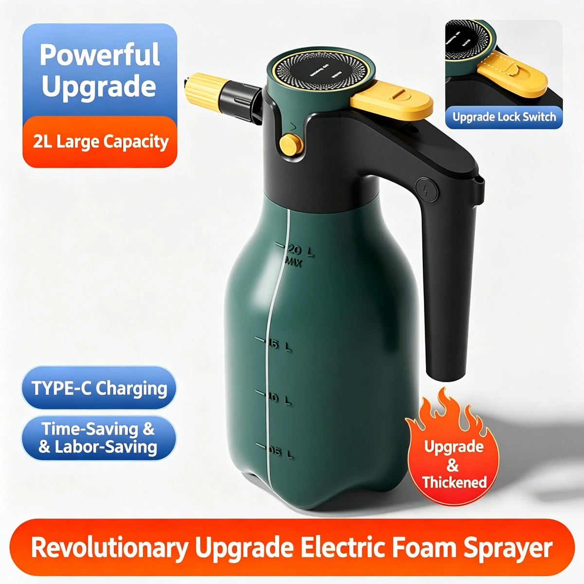 A green cordless electric foam sprayer bottle with a black handle and yellow switch, highlighting a powerful upgrade.