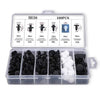 An open plastic box containing various auto trim panel retainer clips and other related hardware for body repair.