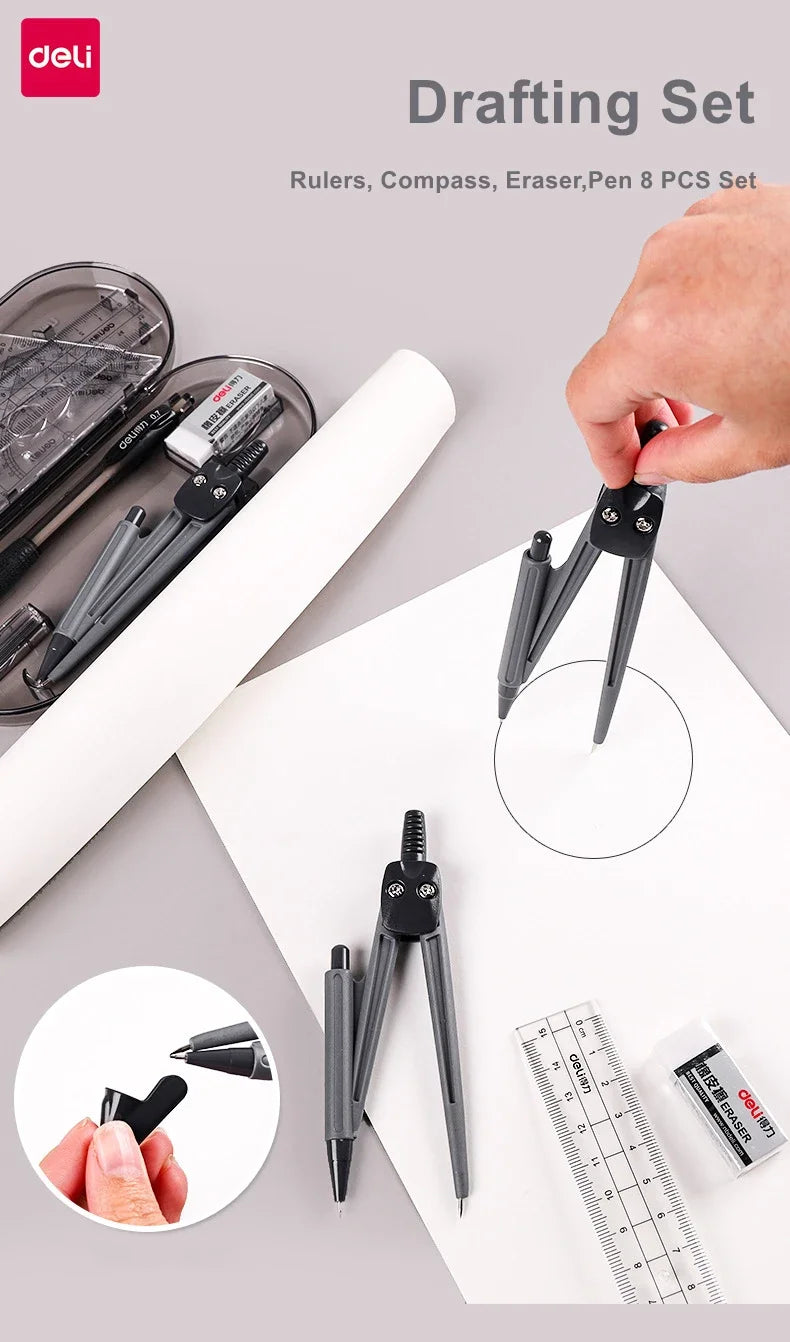 A drafting set featuring rulers, compasses, and erasers laid out on a white sheet of paper.