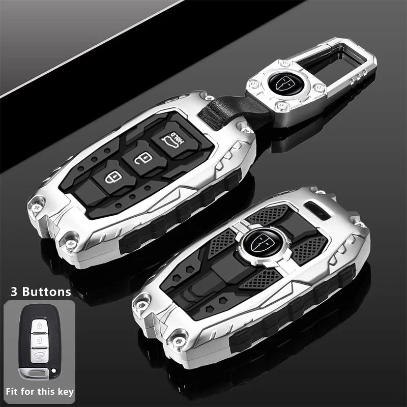 A silver protective key fob cover for Hyundai and Kia models shown in various angles.