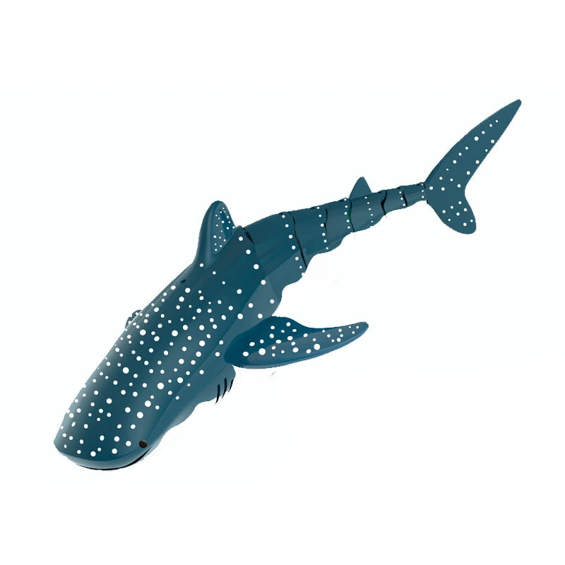 A blue shark toy with white polka dots, designed for remote control and water spray.