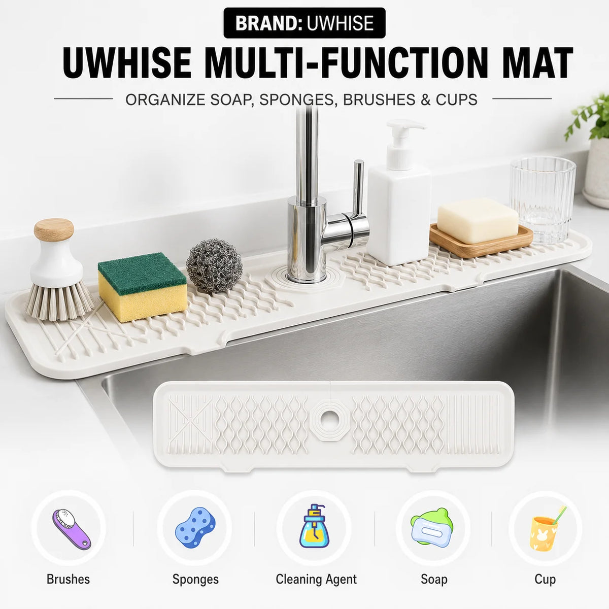 UWHISE multi-function mat organizing soap sponges brushes and cups in a kitchen sink