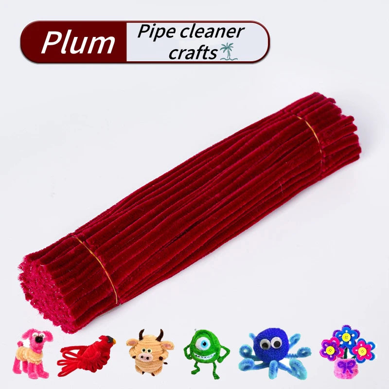 A set of 100 red chenille pipe cleaners for crafting.
