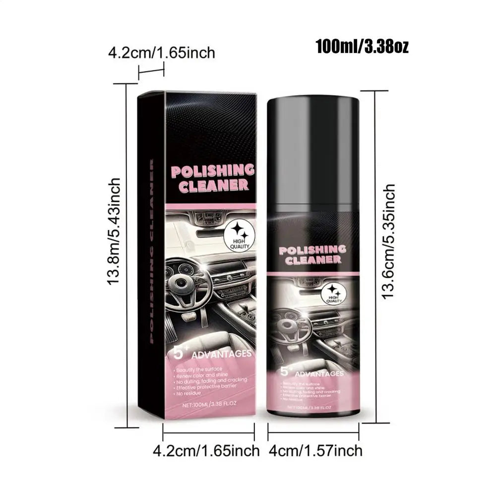A black bottle of Polishing Cleaner for car interior detailer spray is shown with a pump dispenser.
