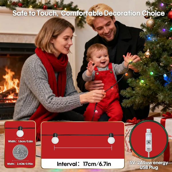 Smart RGB LED string lights with app and remote control shown in a festive holiday setting