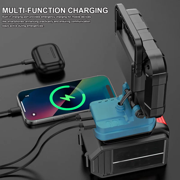 A portable LED work light with a built-in charging port is shown next to a smartphone and charging cable.