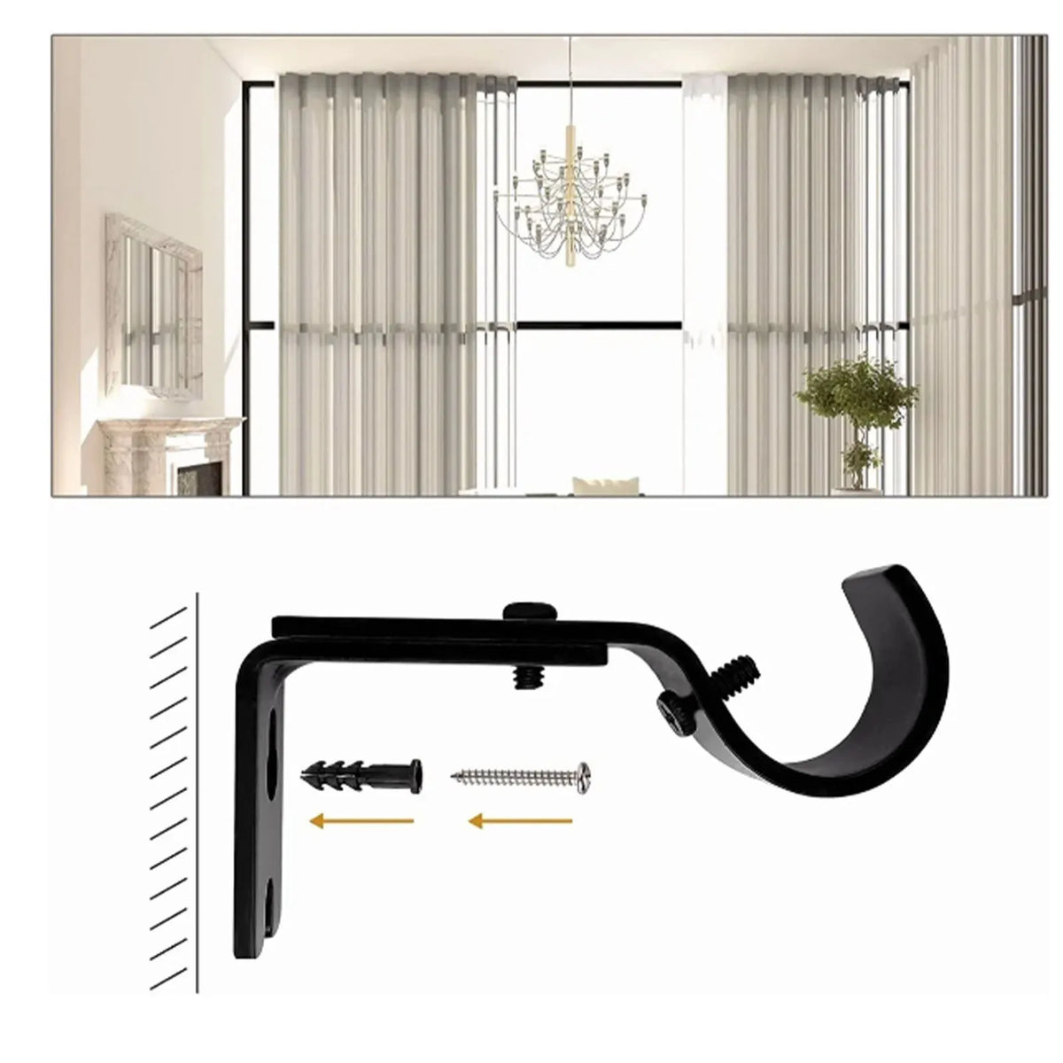 Set of 3 Adjustable Iron Curtain Rod Wall Brackets in Black