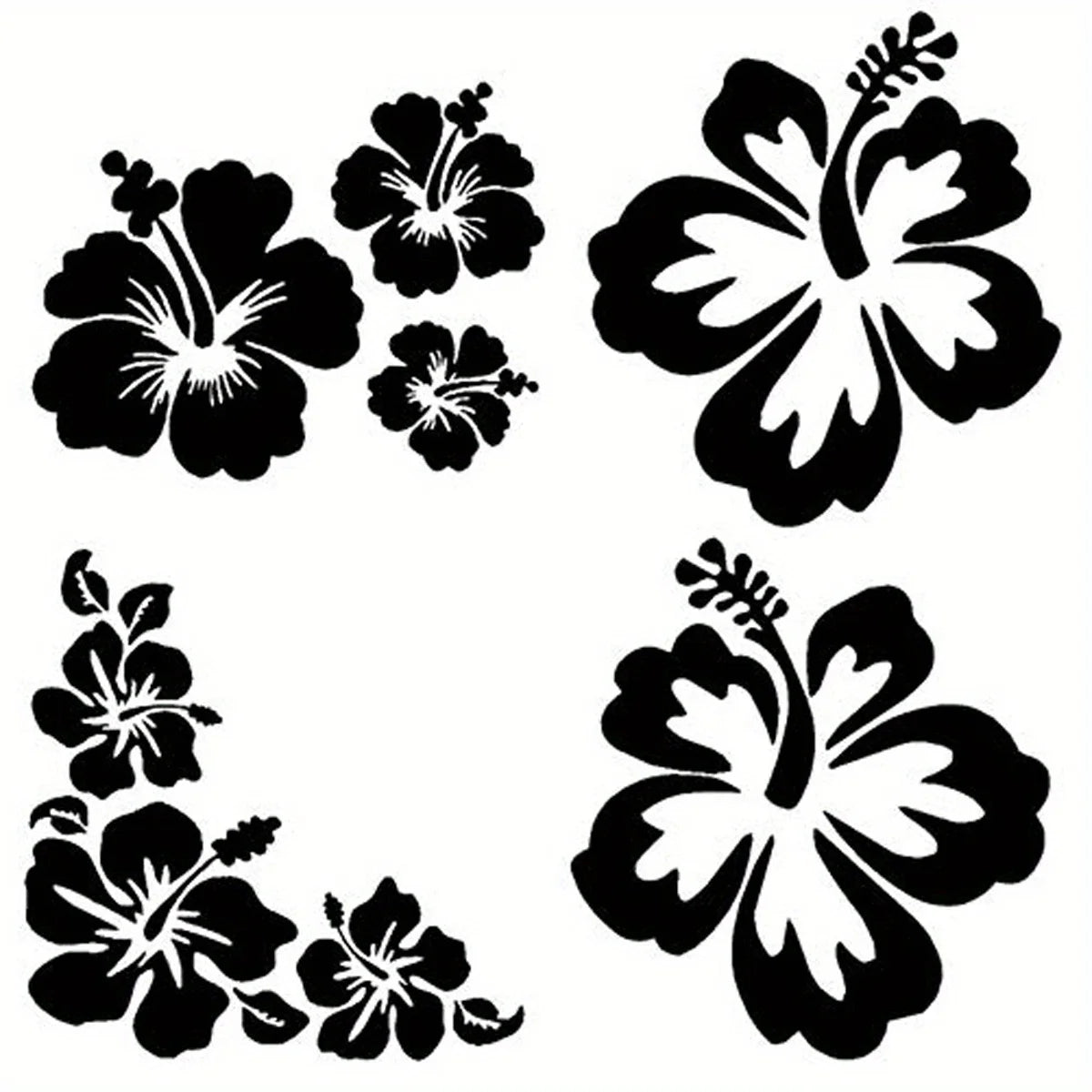 Black silhouette floral design featuring multiple hibiscus flowers.
