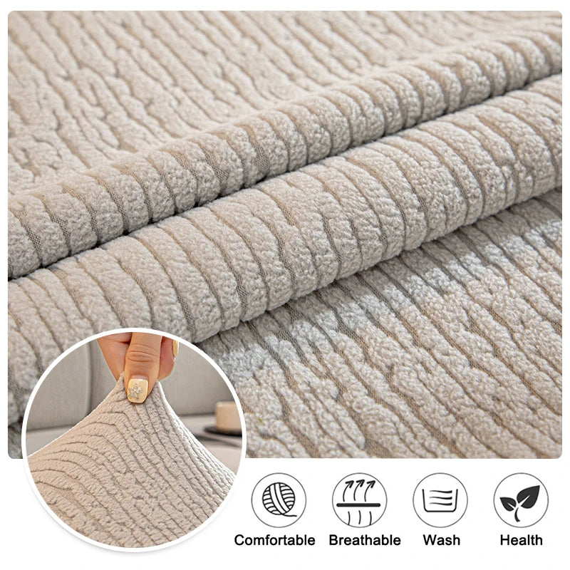 Primer plano de la funda de cojín de asiento de sofá elástico de punto beige, mostrando textura y características de confort.