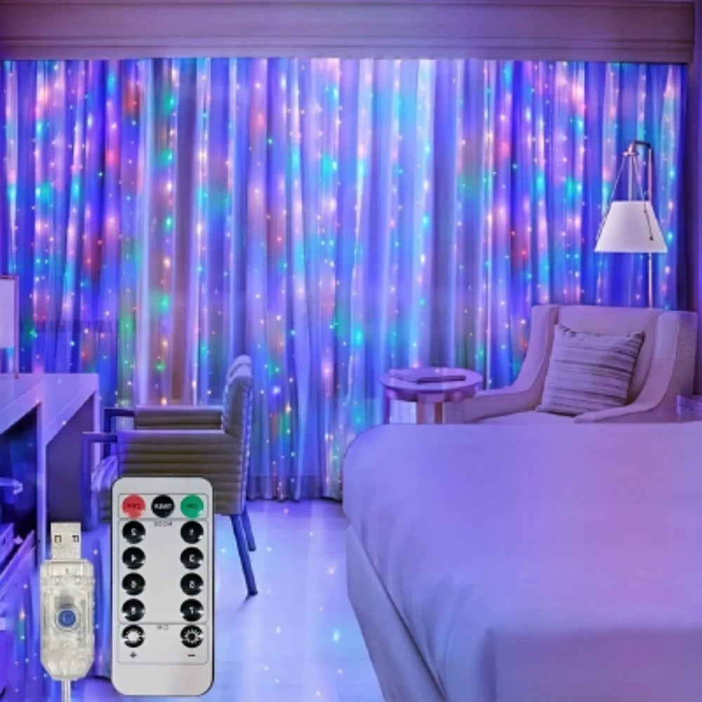 LED curtain string lights with remote control illuminating a bedroom with purple and blue fairy lights
