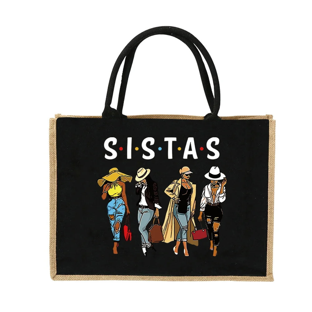 Vintage Jute Shopping Tote Bag with Waterproof Lining