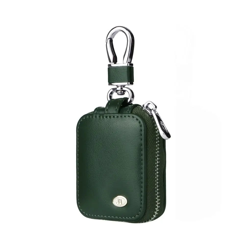 A dark green PU leather protective case for earbuds with an anti-lost hook.