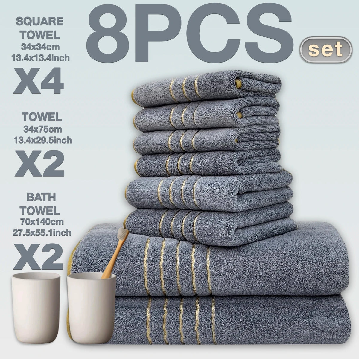 A set of eight gray bath towels with gold accents, including four square towels and two larger towels.