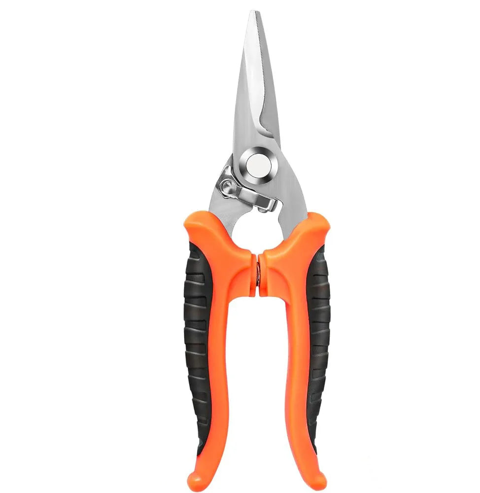 Stainless steel garden scissors with orange ergonomic non-slip handles