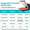 A table showing suggested transfer instructions for various substrates like ceramic mug, plate, porcelain board, textiles, an