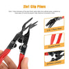A pair of black 2in1 clip pliers with red handles shown next to various clips and rivets.
