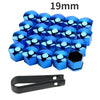 A set of 20 anti-rust wheel nut caps in blue metal with a black holder.
