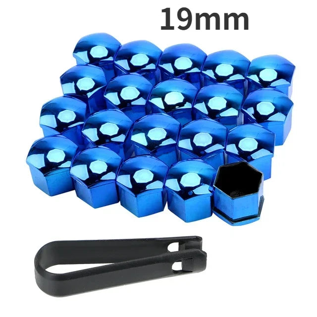 A set of 20 anti-rust wheel nut caps in blue metal with a black holder.