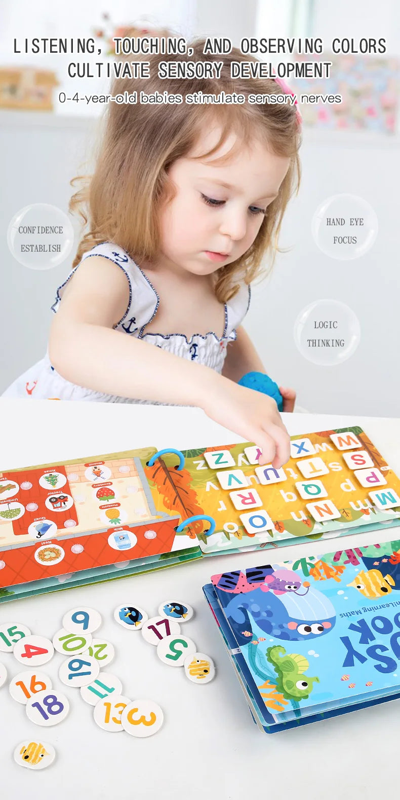 A baby is interacting with a colorful Montessori quiet book featuring letters and numbers, alongside wooden letter pieces.