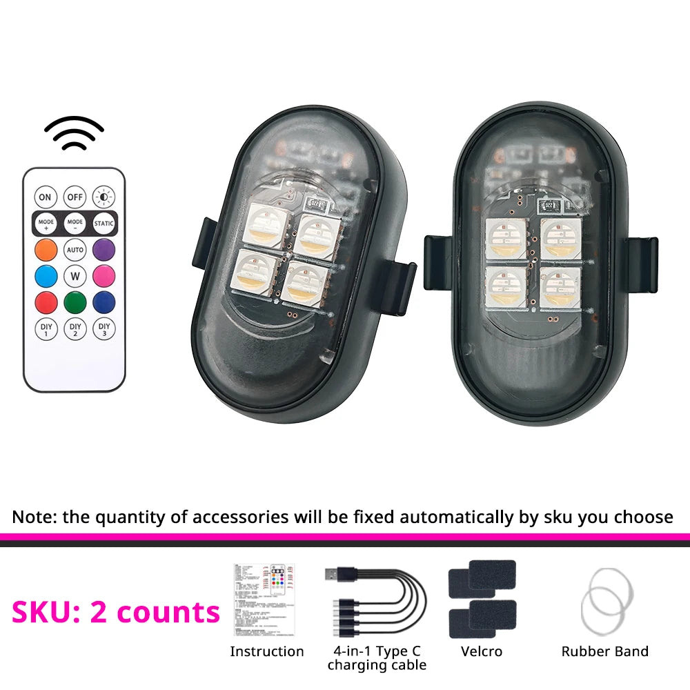 Two black remote control RGB LED strobe lights with accessories for vehicle use