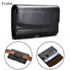 Black magnetic leather phone pouch with a belt clip holster shown in various angles.