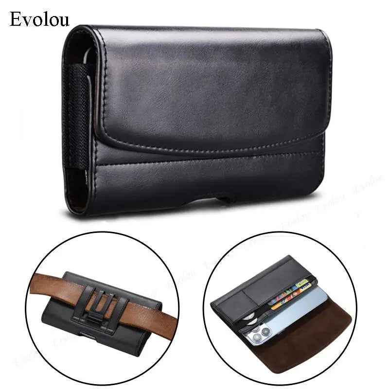 Black magnetic leather phone pouch with a belt clip holster shown in various angles.
