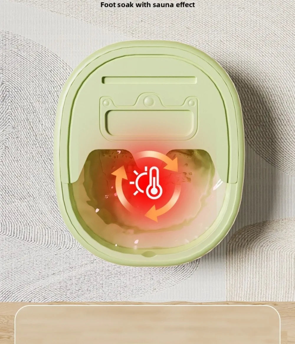 A light green foldable foot bath tub with a lid is shown, demonstrating a sauna effect inside.