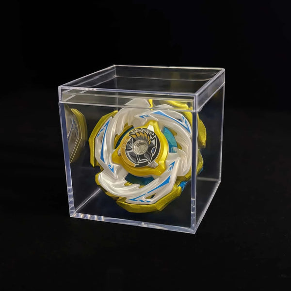 A Valkyrie Volt S4-70V metal spinning top with launcher displayed inside a clear plastic box.