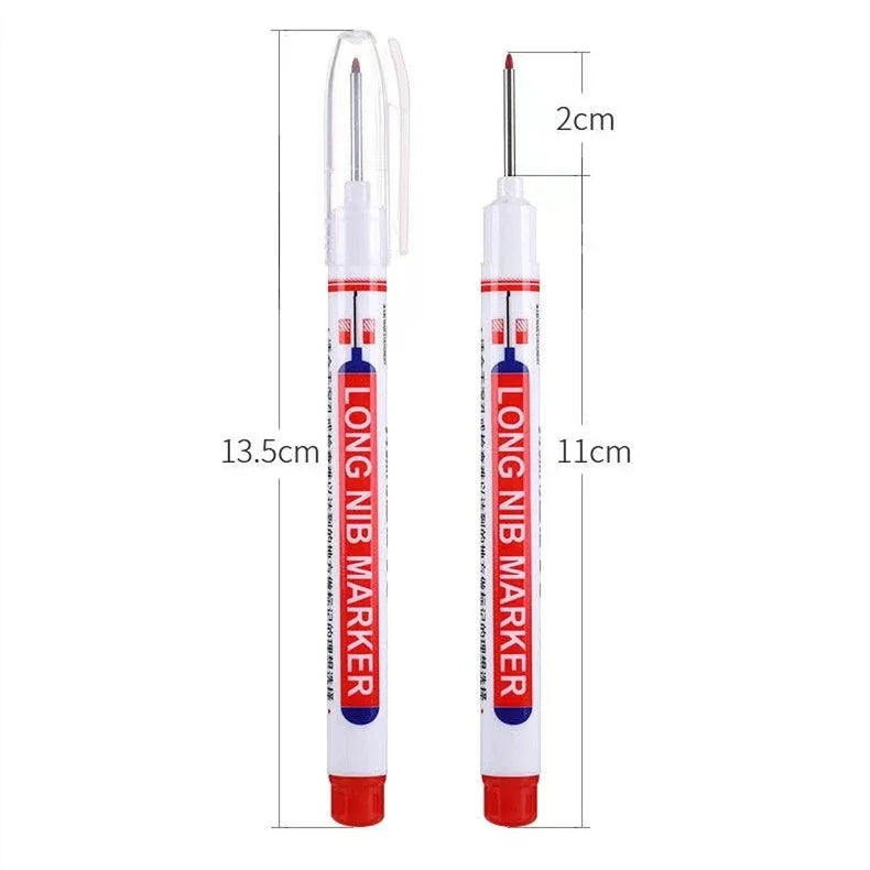 Ein Set langer Nadelstift-Marker mit weißen und roten Körpern und klaren Spitzen.